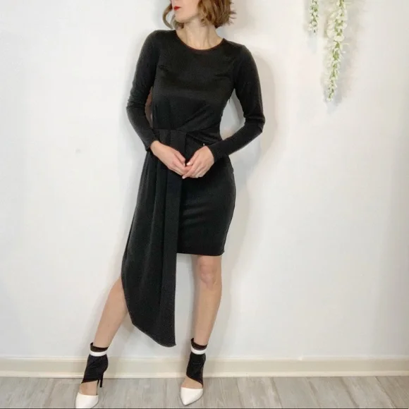 NWT BAR III black long sleeve dress asymmetrical hem draped panel 2087 - Picture 5 of 13